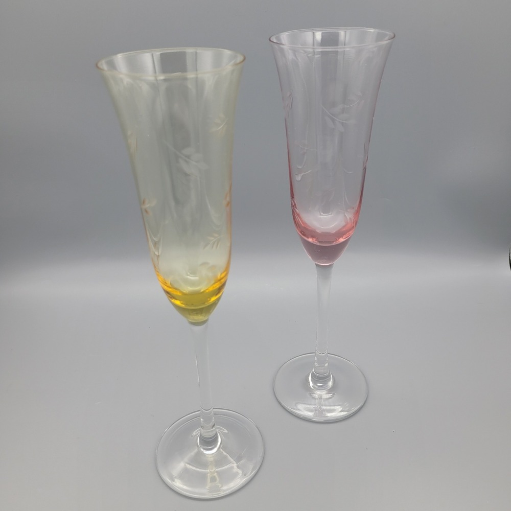 Vintage Block Crystal Champagne Flutes Pair Etched Pink Amber Wedding New Years